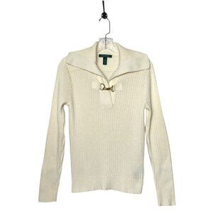 Lauren Ralph Lauren Women's Gold-Clasp Ribbed Knit Sweater Sz M100% Cotton Ivory
